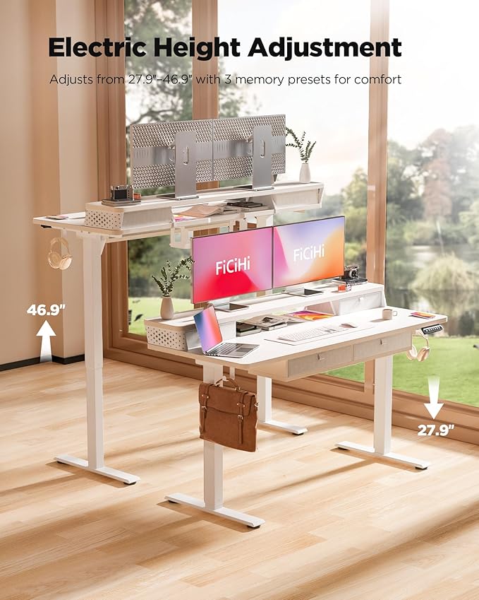 FiCiHi Electric Standing Desk with Four Drawers, Adjustable Height Sit Stand Desk, C-Clamp Compatible Home Office Desk with Storage Shelf & Monitor Stand Riser, 48 x 24 Inch, White