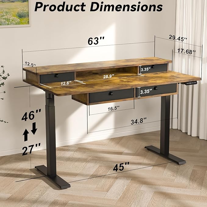 FiCiHi Adjustable Height Standing Desk with 4 Drawers,63 x 30 inches Electric Sit Stand Home Office Desk with Two Tiers, 3 Memory Presets, Monitor Stand Riser, USB A/C Charging Port