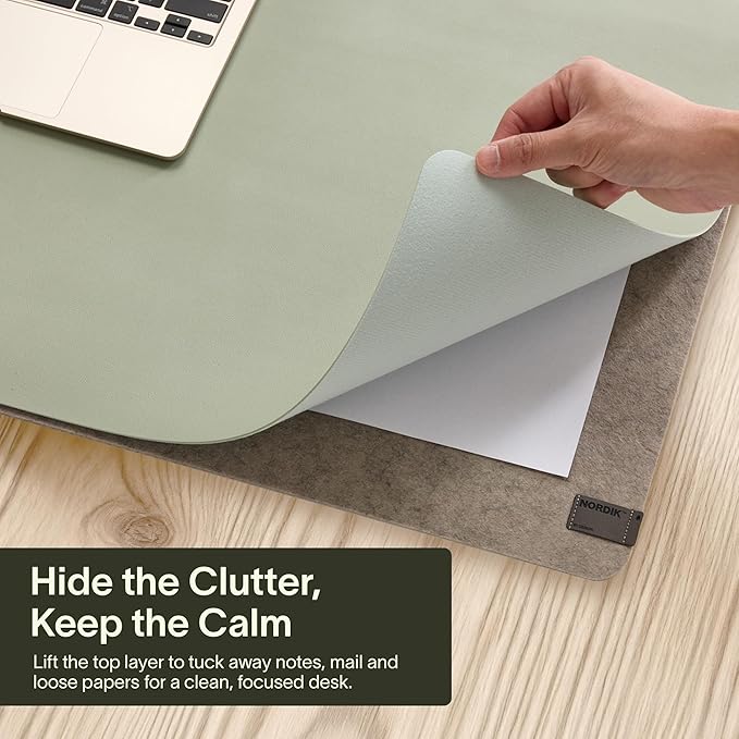 Nordik Felt and Leather Desk Mat - Willow Haze Sage - 35x17 Inch Felt and Vegan Leather Desk Blotter with Document Hideaway - Large Computer Mats for Desktop - Ideal Keyboard Mat for Office and Home