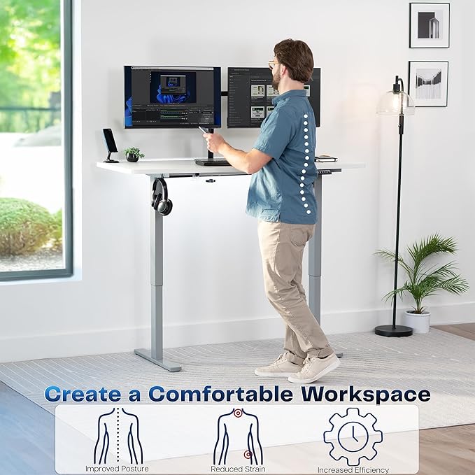 VIVO Electric 60 x 24 in Standing Desk, Memory Height Adjustment, 1B Series, Holds 220 lbs, One-Piece White Top, Gray Frame, DESK-KIT-1G6W