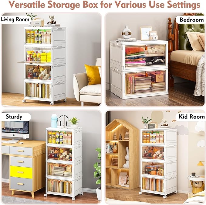 CTSNSLH 4 Tier Plastic Storage Bins with Lid - 27.5Qt Stackable with Lids for Bedroom, Living Room, Office - Foldable Containers, Household Organization