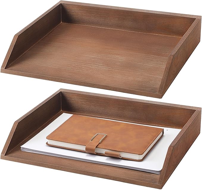 Beeveer 2 Pcs Wooden Letter Trays Wood Letter-Size Desk Organizer Heavy Duty 2 Tier Stackable Supports Paper Tray Desktop Drawer Organizer File Folder Magazine Office Accessories(Dark Wood)