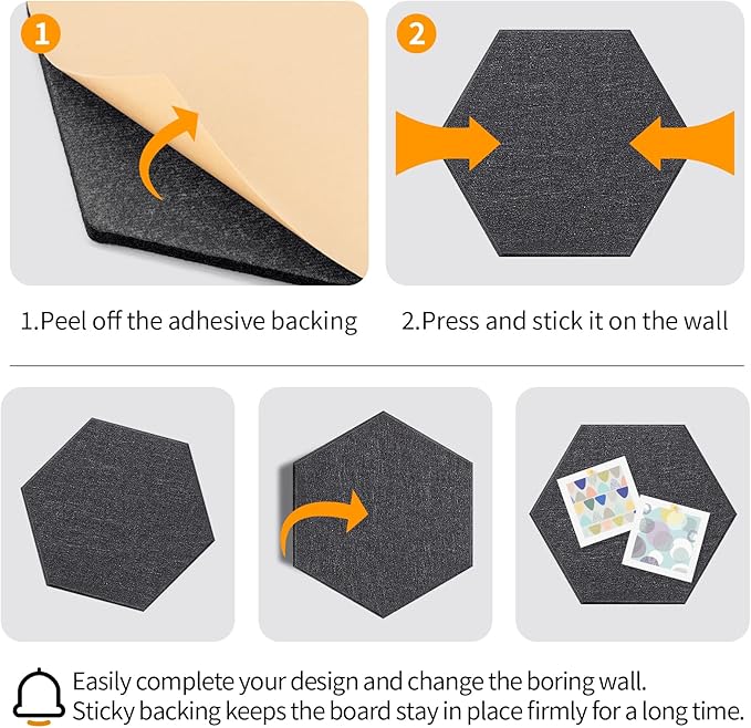 12'' Large Hexagon Cork-Bulletin Boards for Walls, Self-Adhesive Modern Corkboard, Frameless Felt Pinboard, Prayer-Vision Pin Board for Office, Pack of 8 Hex Cork Tiles with 30 Pushpins