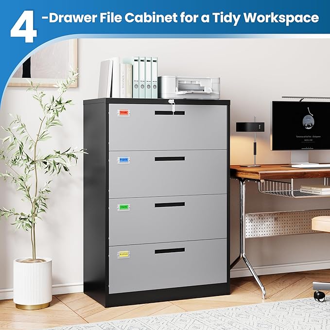 PEUKC 4 Drawer File Cabinet, Lateral Filing Cabinets for Home Office, Office Storage Drawers with Lock, Hanging Files Legal/Letter A4 Size (Assemble Required,Black Grey)