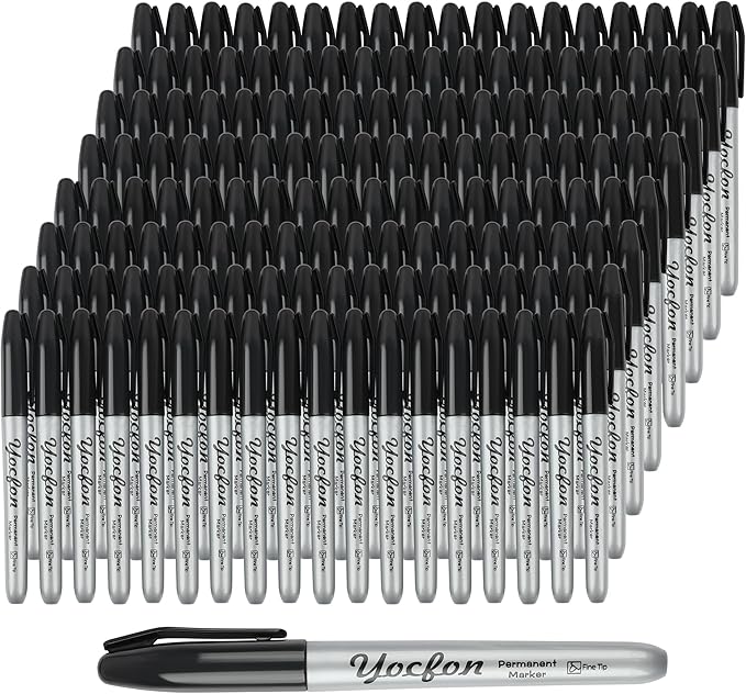 Yocfon Permanent Markers Bulk, 144 Count Black Permanent Markers Set, Fine Tip, Waterproof Markers, Works On Plastic, Wood, Stone And Metal For Doodling, Marking
