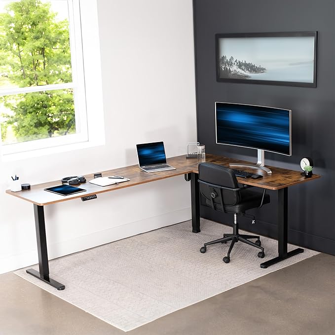 VIVO Electric Corner 84 x 63 inch L-Shaped Standing Desk, Memory Height Adjustment, Rustic Vintage Brown Top Black Frame, DESK-E3CTBN-84