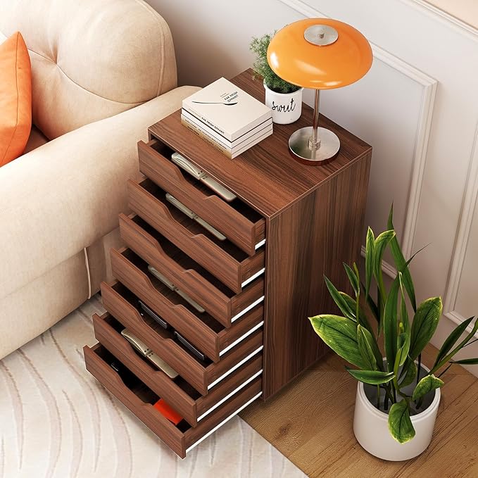 Giantex 7-Drawer Storage Cabinet, Mobile File Organizer with 4 Universal Casters, Wooden Vertical Filing Cabinet on Lockable Wheels for Office, Study, Living Room (19” x 15.5” x 34.5”,Walnut)