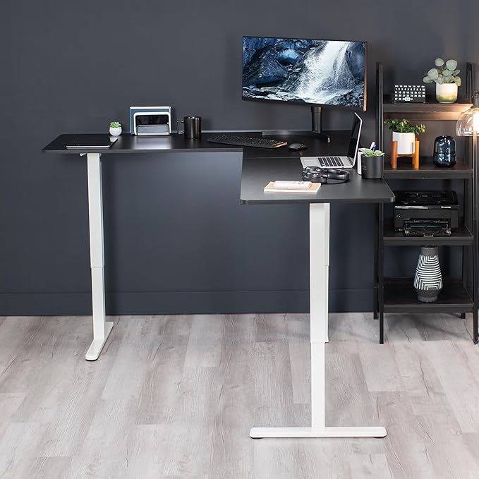 VIVO Electric Corner 75 x 63 inch L-Shaped Standing Desk, Memory Height Adjustment, Black Top White Frame, DESK-E3CTWB-75