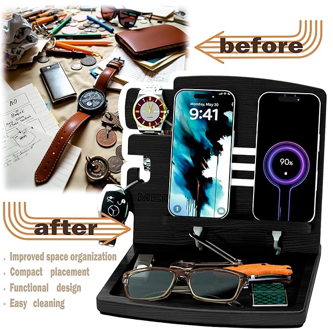MED Wood Phone Docking Station – Nightstand Desk Organizer for Phone, Watch, Wallet & Tablet – Gift for Men, Husband, Dad & Women – Wooden Charging Stand with Key Holder (Black, Model 1)