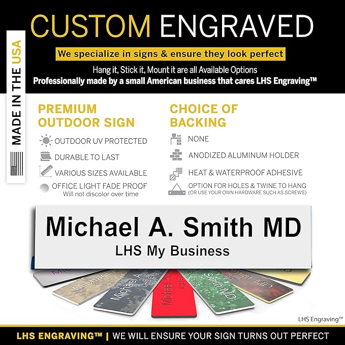Custom Name Plate with Choice of Mounting for Walls, Doors, Cubicles, Hanging and More - Personalized White Plastic Black Letters - USA Made 2x10 - B16