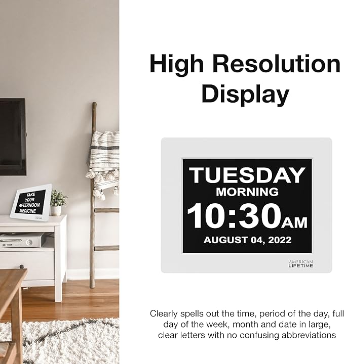 American Lifetime New 2026 Dementia Clock Large Digital Clock for Seniors, Large Display with Custom Alarms, Calendar Clock with Day & Date for Elderly, Clear Numbers Alzheimer Digital Clock White