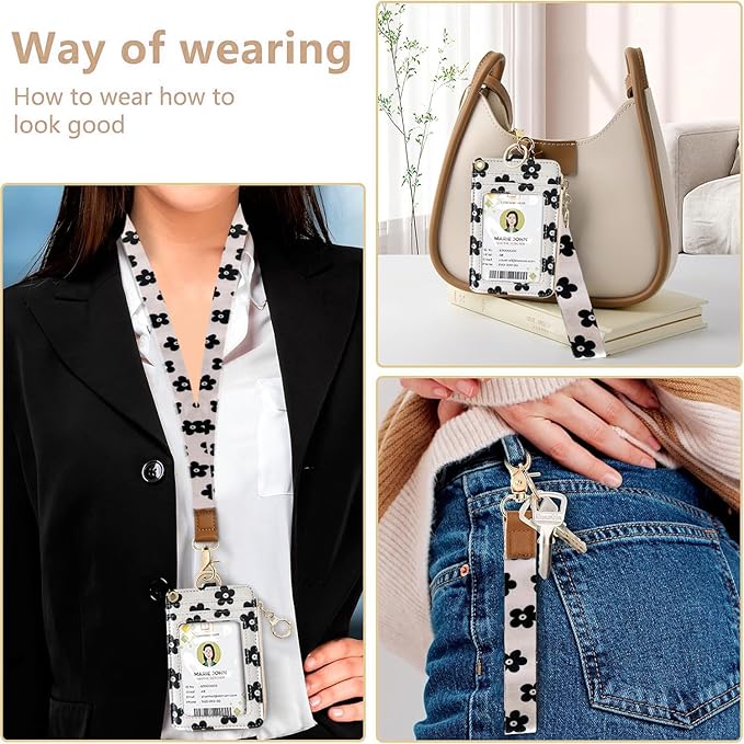 2-in-1 ID Badge Holder & Lanyard Wallet for Womens Cute Black Flower Leather Zip ID Case Wallet with Breakaway Wrist & Neck Lanyard, Clear Window, 5 Card Slots, Ring Keychain for Worker Teacher Nurse