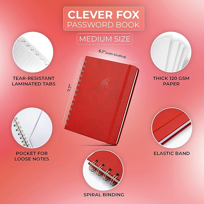 Clever Fox Password Book Spiral – Internet Address & Password Organizer with Laminated Alphabetical Tabs – Password Keeper Journal – Hardcover, Medium Size, 6.1x7.7” (Red)