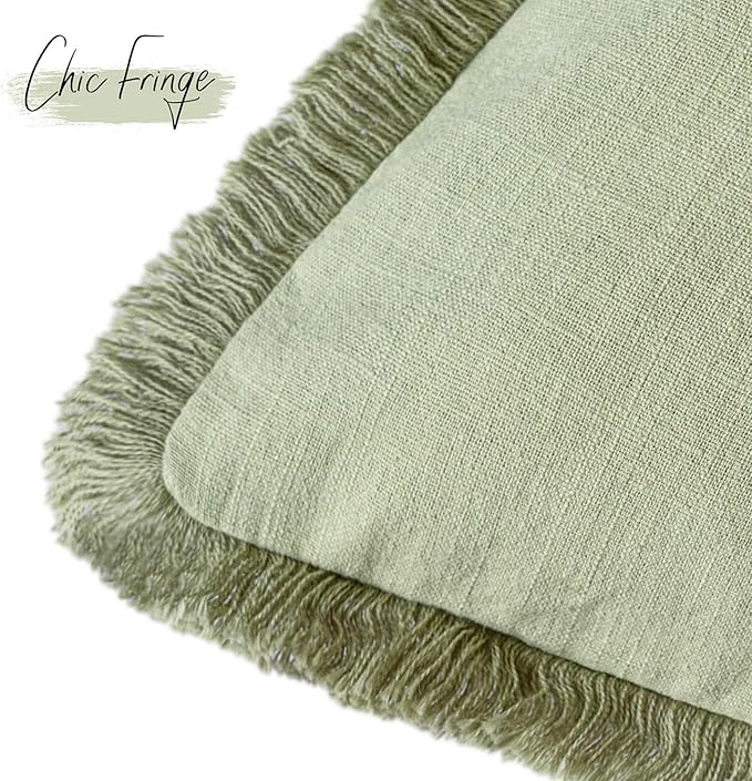 Foindtower Set of 2 Decorative Linen Fringe Throw Pillow Covers Boho Farmhouse Cushion Cover with Tassels Soft Accent Pillowcase for Couch Sofa Bed Living Room Home Decor,22×22 Inch,Light Sage Green