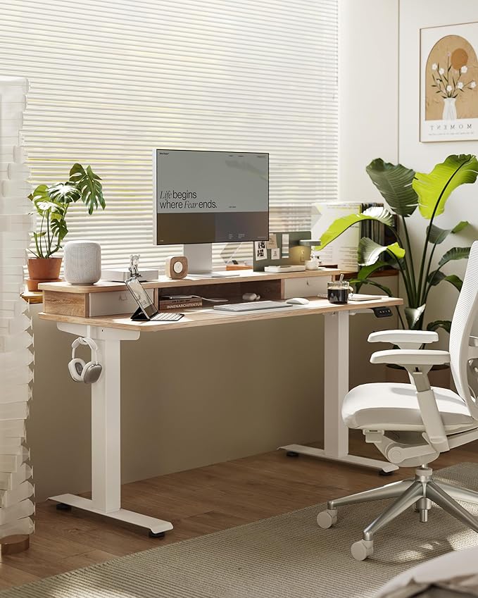 FEZIBO 40 x 24 Inch Height Adjustable Electric Standing Desk with Double Drawer, Stand up Home Office Computer Desk with 4 Height-Adjustable Feets & 2 Hooks, Maple
