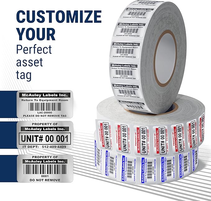 McAuley Labels Custom Asset Tags for Equipment – Numbered, Permanent, Adhesive, Metalized Silver Polyester - ID Label - 2x1 Inches