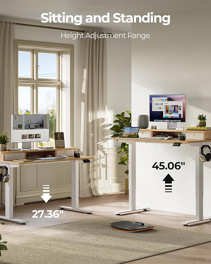 FEZIBO 60 x 24 Inch Height Adjustable Electric Standing Desk with Double Drawer, Stand up Home Office Computer Desk with 4 Height-Adjustable Feets & 2 Hooks, Maple