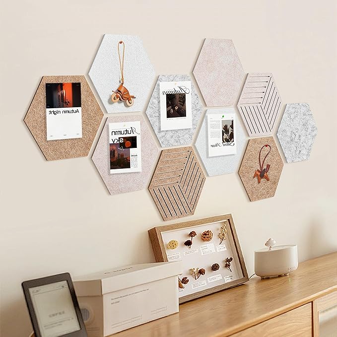 15'' Large Hexagon Cork-Bulletin Board Tiles Adhesive Frameless 10 Pack 15 x 13 inch Hex Pin Corkboard Prayer Vision Cork Board for Office-Wall Decor, Hexagonal Tack Pinboard with 30 Push Pins