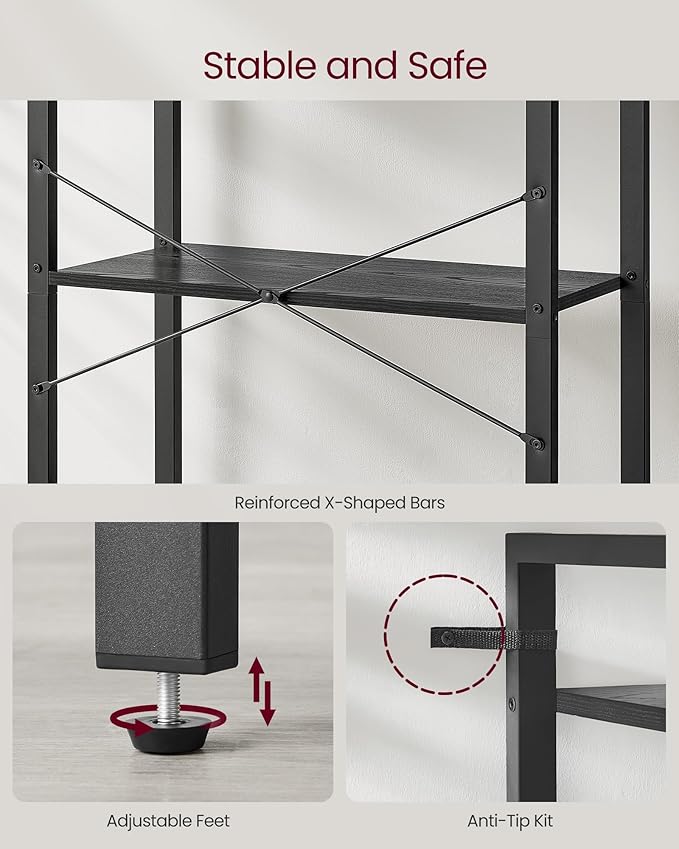VASAGLE 5-Tier Bookshelf, Bookcase with Steel Frame, Book Shelf for Living Room, Home Office, Study, 11.8 x 26 x 60.2 Inches, Industrial Style, Ebony Black and Ink Black ULLS061B56