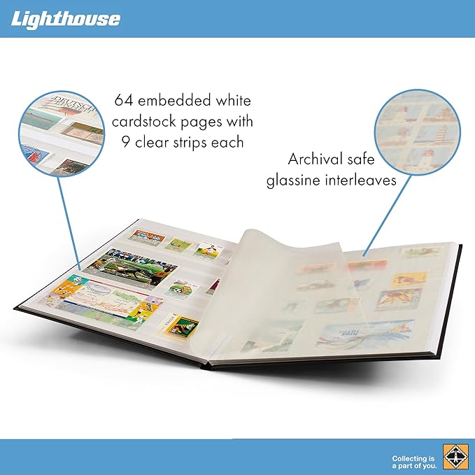 LIGHTHOUSE – “BASIC” Hard Cover Stockbook for Stamps - 64 White Cardstock 9”x12” (A4) Pages with Glassine Strips and Double Linen Hinges - Green