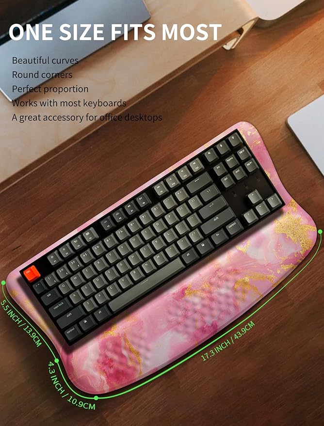 KUOSGM Ergonomic Wave Wrist Rest with Keyboard Stand, Cushioned Palm Rest, Comfortable Integrated Memory Foam for Natural Typing and Relieve Wrist Pain, Pink Gold Marble