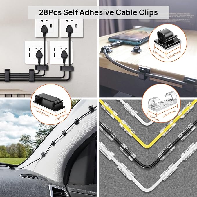 Ditar Cable Management Kit - 4 Cable Sleeve, 57 Self Adhesive Cable Clips, 12 Hanging Strips, 12 Cable Organizer Straps and 100 Fastening Cable Ties for TV Computer Under Desk (Black and White)