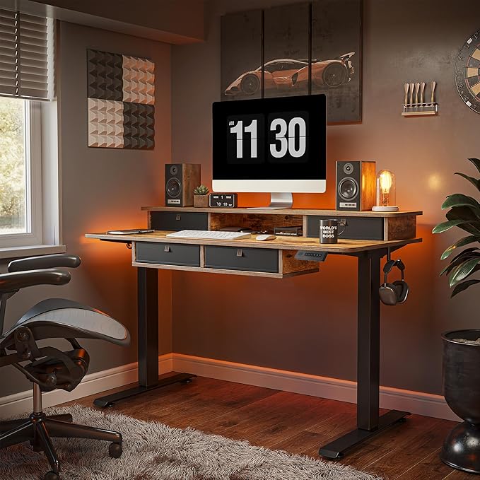 FEZIBO 48'' x 24'' Electric Standing Desk with 4 Storage Drawers, Adjustable Height Computer Table with Monitor Shelf, Stand Up Desk for Study, Gaming, Workstation, Rustic Brown Top