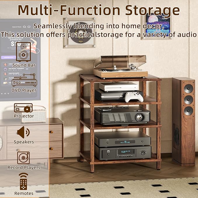 4-Tier AV Media Player Stand, Brown Stereo Cabinet, Modern Stereo Cabinet, Wooden TV Stand,Game Console Shelf, Multifunctional Entertainment Center, Suitable for Home, Conference Room, Game Studio
