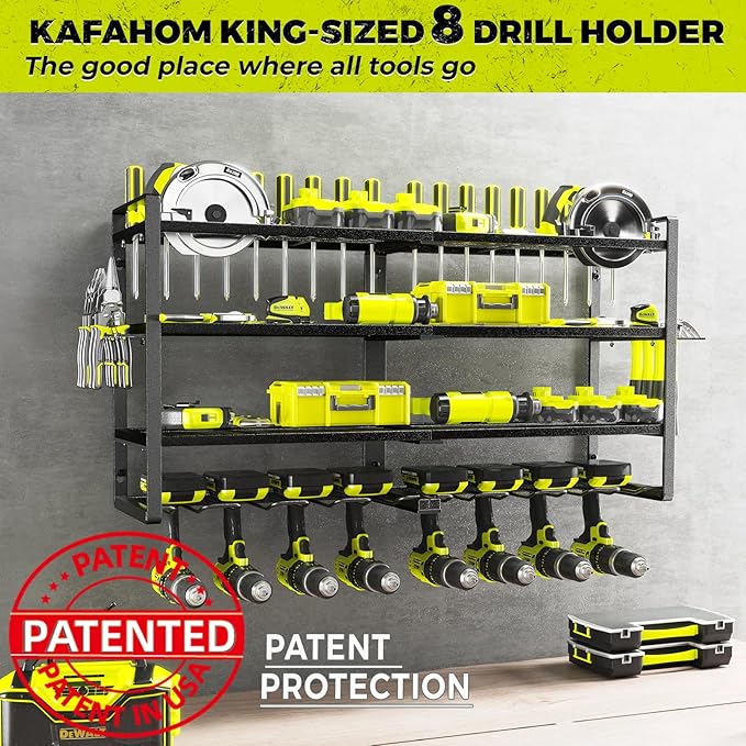 KAFAHOM Power Tool Organizer-8 Drill Holder Wall Mount,4 Layer Heavy Duty Metal Power Tool Storage Rack,Garage Tool Organizer and Storage with Screwdriver Holder/Plier Holder/Hammer Holder
