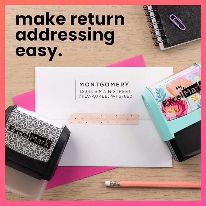 ExcelMark Address Stamp - Custom Return Address Stamp with Elegant Designs, Vibrant Colors & Patterns – Perfect for Mail, Invitations & Gifts (Black Mount, Modern Line)