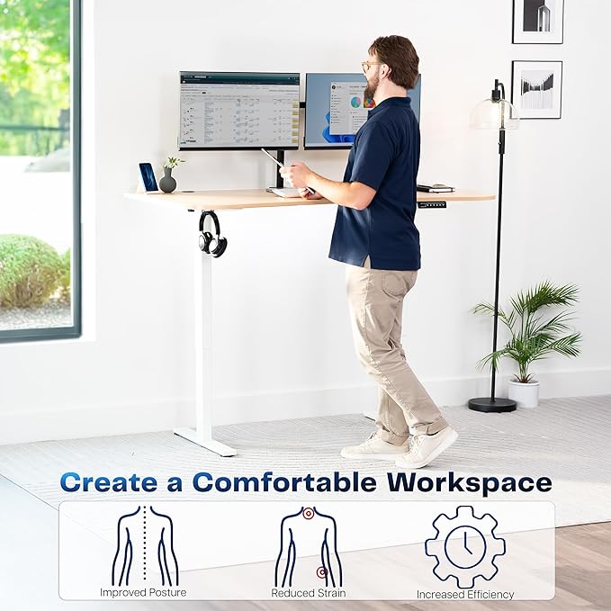 VIVO Electric 63 x 32 in Standing Desk, Memory Height Adjustment, 1B Series, Holds 220 lbs, Light Wood Top White Frame, DESK-KIT-1W1C