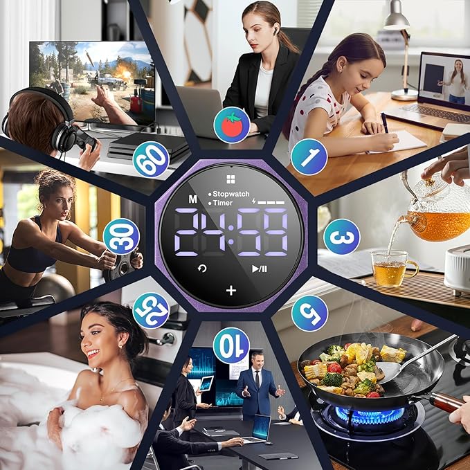 Digital Pomodoro Timer,Frosted Metal Productivity Cube Timer,1.8 in LED Digital Large Screen,Auto-Rotating Display,1/3/5/10/25/30/60min & Custom Time, Silent & Alarm,for Office, Study, Work(Purple)