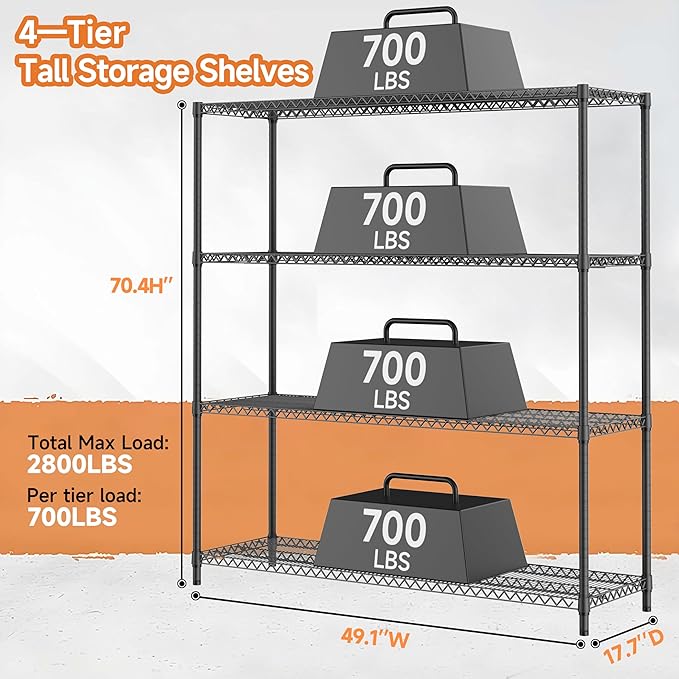 M MZG 4 Tiers Storage Shelves Load 2640LBS, Metal Shelving Wire Metal Shelving Unit Shelves for Storage Adjustable Garage Shelving for Pantry Kitchen Garage Black 17.7" D x 59.1" W x 70.4" H