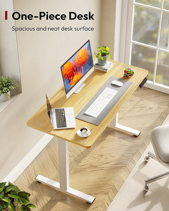 SANODESK Electric Standing Desk 48 x 24 Inches Whole-Piece Desktop Height Adjustable Stand Up Desk w/6-Button Controller Ergonomic Computer Desk for Home Office, White Frame + Natural Tabletop