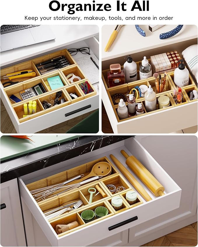 VA1KENE 12-Piece Bamboo Desk Drawer Organizer Set – Adjustable Storage Boxes with 24 Compartments, Non-Slip, Modular Design for Office, Jewelry, Vanity, and Kitchen Utensil Drawer Storage