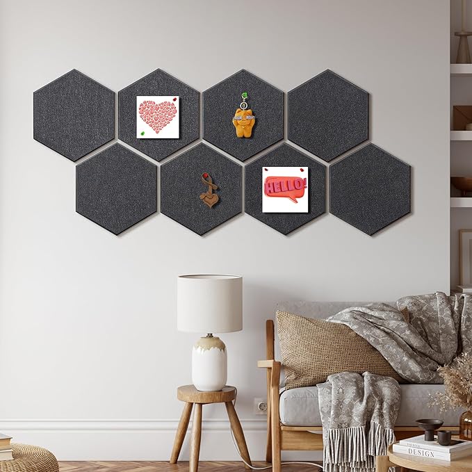 12'' Large Hexagon Cork-Bulletin Boards for Walls, Self-Adhesive Modern Corkboard, Frameless Felt Pinboard, Prayer-Vision Pin Board for Office, Pack of 8 Hex Cork Tiles with 30 Pushpins
