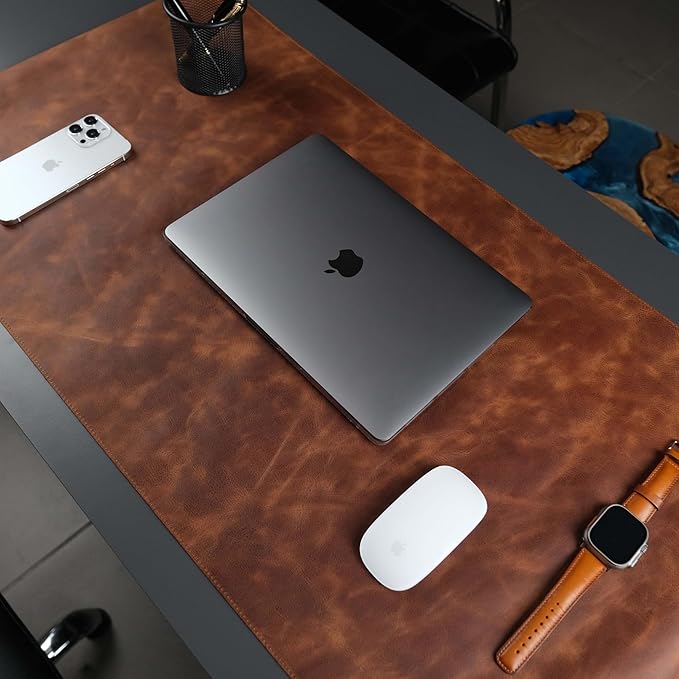 TORONATA Jersey Genuine Calfskin Leather Desk Pad, Office Desk Mat with Non-Slip Bottom, Smooth Surface for Mouse & Keyboard, Desk Protector (14.6x31.5 inches) (Antic Tan)