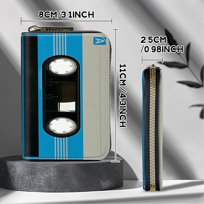 BWEGRHE Cute Credit Card Holder with Zipper, Blue Cassette RFID-Blocking Card Case Small Wallet for Women Men, Multi-slot Card Organizer Case Travel Accordion Wallet