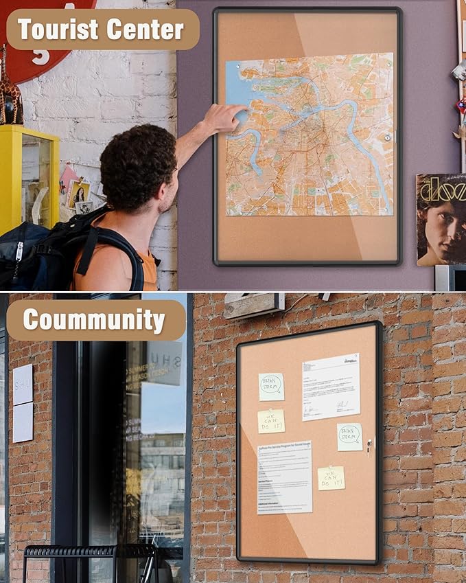 Mifuro 38"x28" Enclosed Bulletin Board, Lockable Weather-Resistant Aluminum Cork Noticeboard for School & Office, Black Frame w/Cork