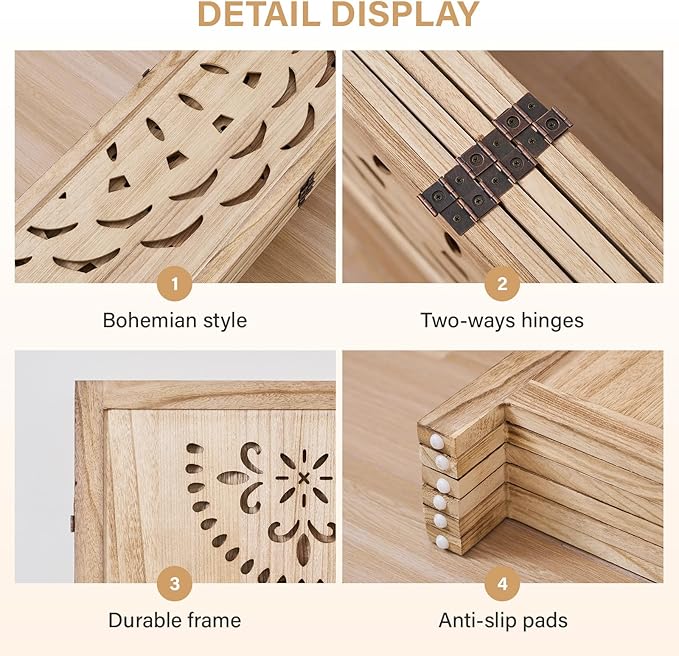 66.9Inch Wooden Room Partition - 6 Panels Boho-Styled Space Room Divider for Home/Office, Headboard & Yoga/Photo/Video Call Backdrop (Natural)