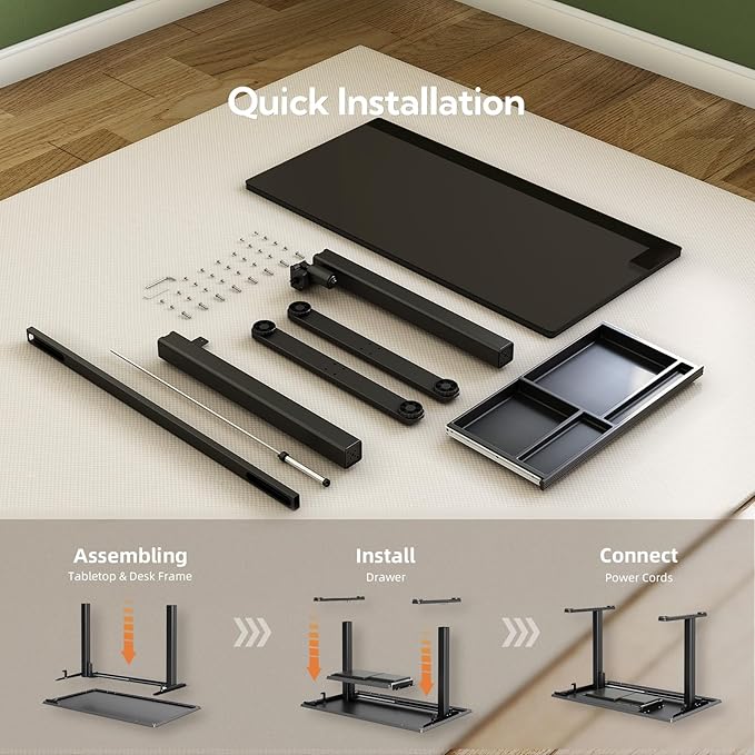 INNOVAR Glass Standing Desk with Drawers, 40 x 24 Inches Electric Height Adjustable Desk, Tempered Glass Top Stand Up Desks for Home and Office, Black