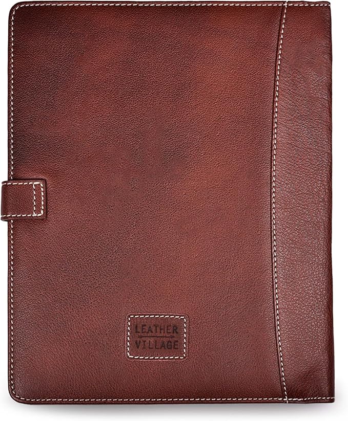 Leather Village Leather Portfolio Organizer - Professional Business Padfolio for Men & Women - Stylish Document Card Holder, Resume Folder, Folio for A4/Letter Size Writing Legal Pad, Red