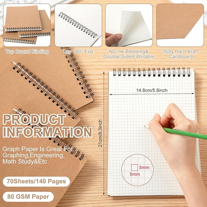 Engrowtic 1 Pack Graph Paper Spiral Notepad A5 Top Wirebound Notepad Grid Notebook Steno Pads Memo Notebook Grid Paper 140 Pages for Writing Sketching Drawing Office Supplies (Kraft)