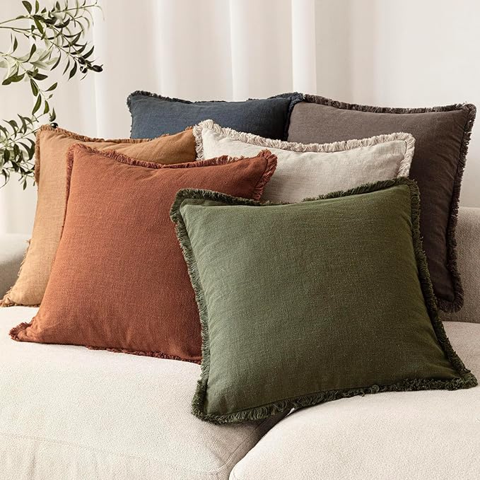 Foindtower Set of 2 Decorative Linen Fringe Throw Pillow Covers Farmhouse Cushion Cover with Tassels Soft Accent Pillowcase for Couch Chair Sofa Bed Living Room Home Decor,22×22 Inch,Fall Rust Orange