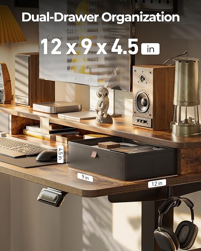 FEZIBO 48 x 24 Inch Height Adjustable Electric Standing Desk with Double Drawers, Stand up Desk, Home Office Computer Workstation with 4 Height-Adjustable Feets & 2 Hooks, Rustic Brown