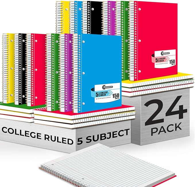 Rosmonde Bulk Spiral Notebook 24 Pack, 5 Subject, 300 Pages/Book (150 Sheets), 8 x 10-1/2, College Ruled, School & Office Spiral Notebooks, Back to School Notebook Journal, Soft Cover, Assorted Colors