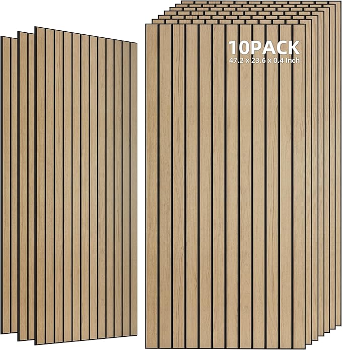 TO-TH Wood-Look Acoustic Wall Panels, 10 Pack 47.2” x 23.6” Sound Panels, Decorative Wood Panels for Wall Sound Dampening Panels for Home, Office, Basement, Teak with Mitered Edges