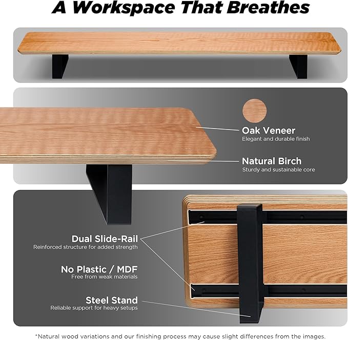 ULTRARM Moodular Wooden Monitor Stand 45.6” (116cm) Large Desk Organizer with Metal Slide Rails for Drawer, Tray, Laptop, Tablet, Phone & Headphones Customizable Riser for Organized Workspace Oak