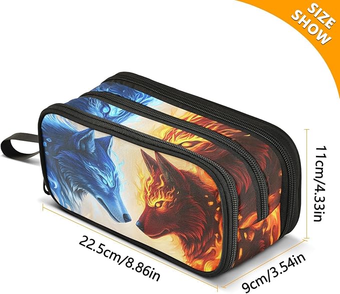 BOENLE Wolf Ice Blue Fire Pencil Case Box Boys Girls Large Pencil Pouch with Zipper Compartments Big Capacity Stationery Pen Bag Organizer for Kids Teens Adults School