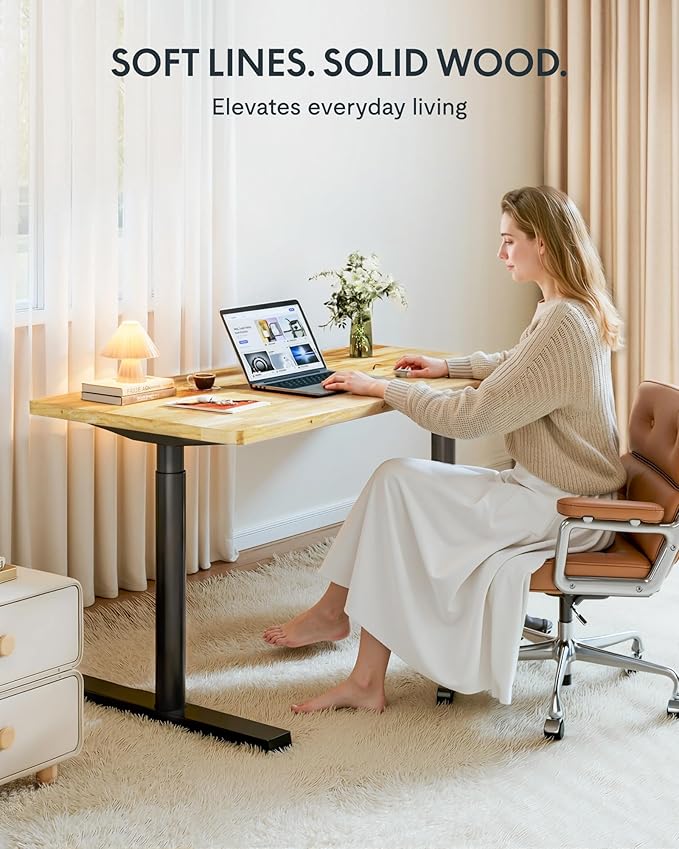 FLEXISPOT Solid Rubberwood Electric Standing Desk with Elegant Oval Legs, 63"x24" Height Adjustable Desk for Home Office & Living Spaces (Black Frame)
